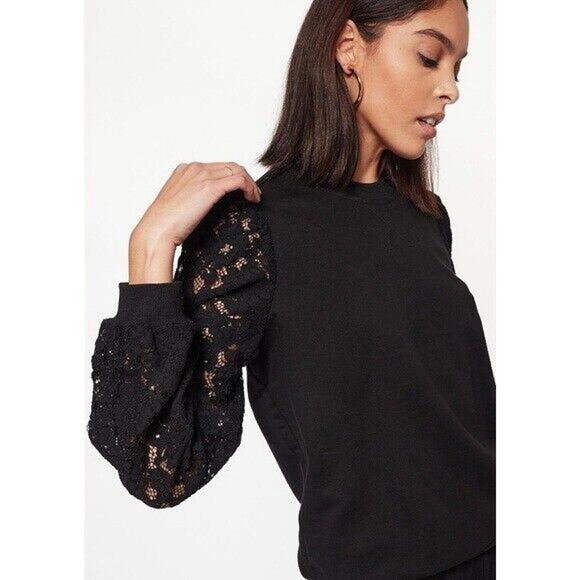 Cami NYC Risa Sweatshirt Black Velvet Lace Sleeves Puff Shoulder SZ M NWT - Picture 1 of 9